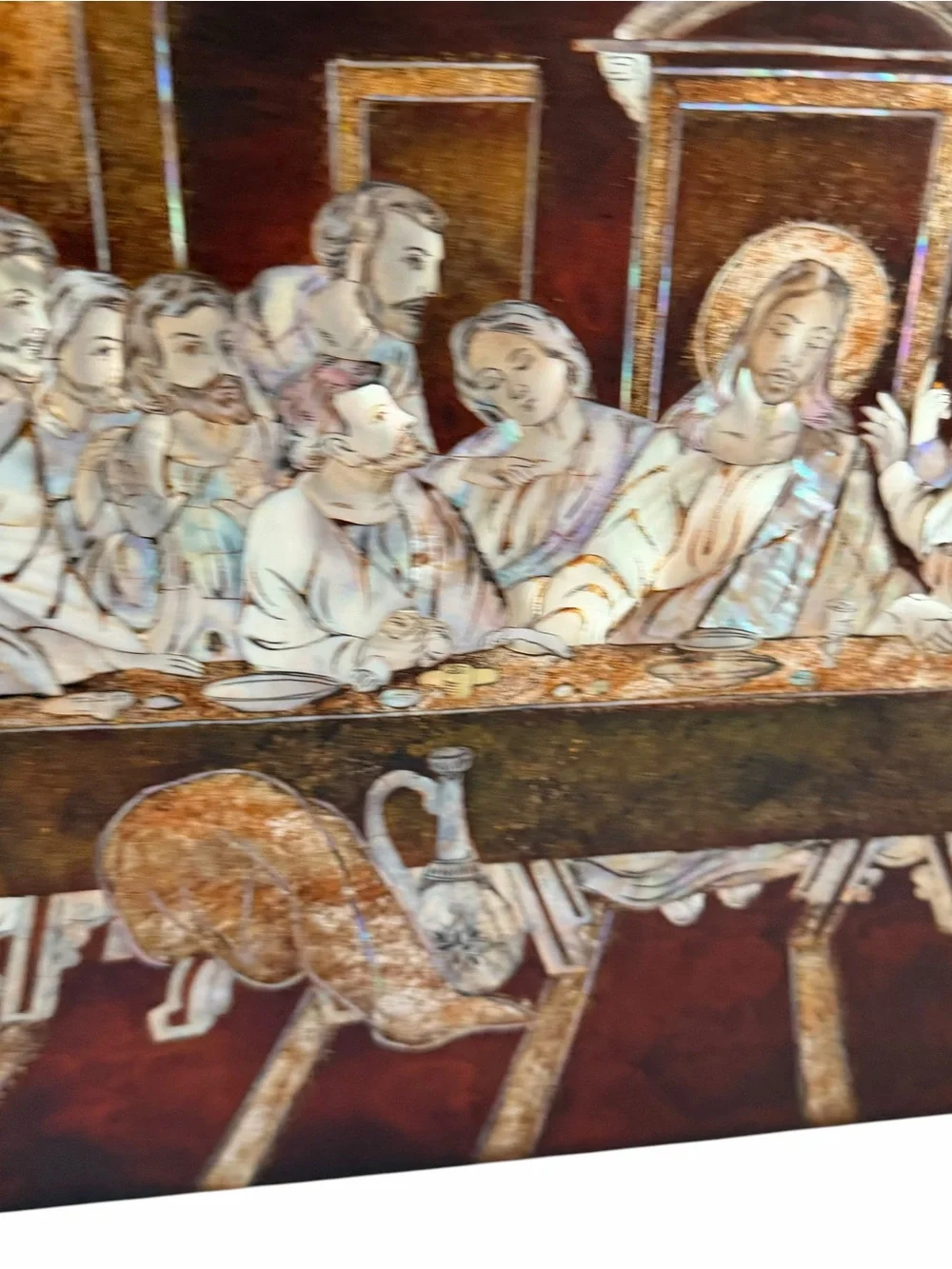 Vintage Mid Century Mother of Pearl Inlaid Jesus Last Supper Resin Plaque Wall